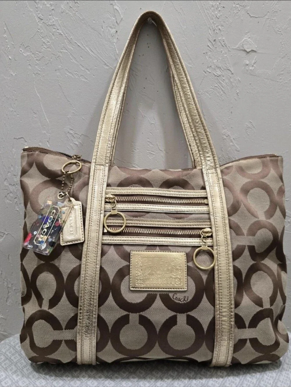 Coach Poppy Glam Canvas Tote in Brown and Cream with Gold Accents